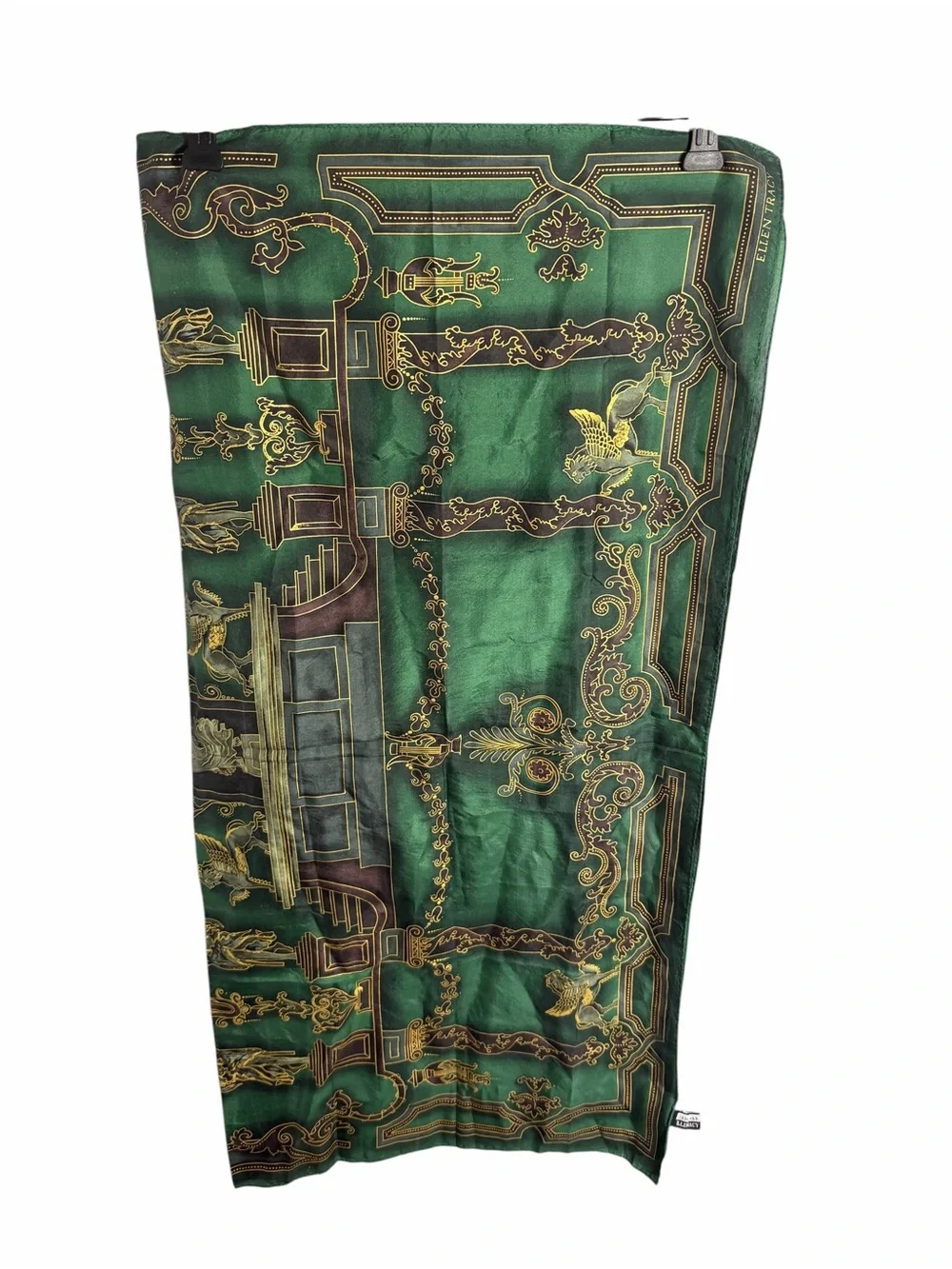 Linda Allard Ellen Tracy Green & Gold Printed Silk Scarf - Designer